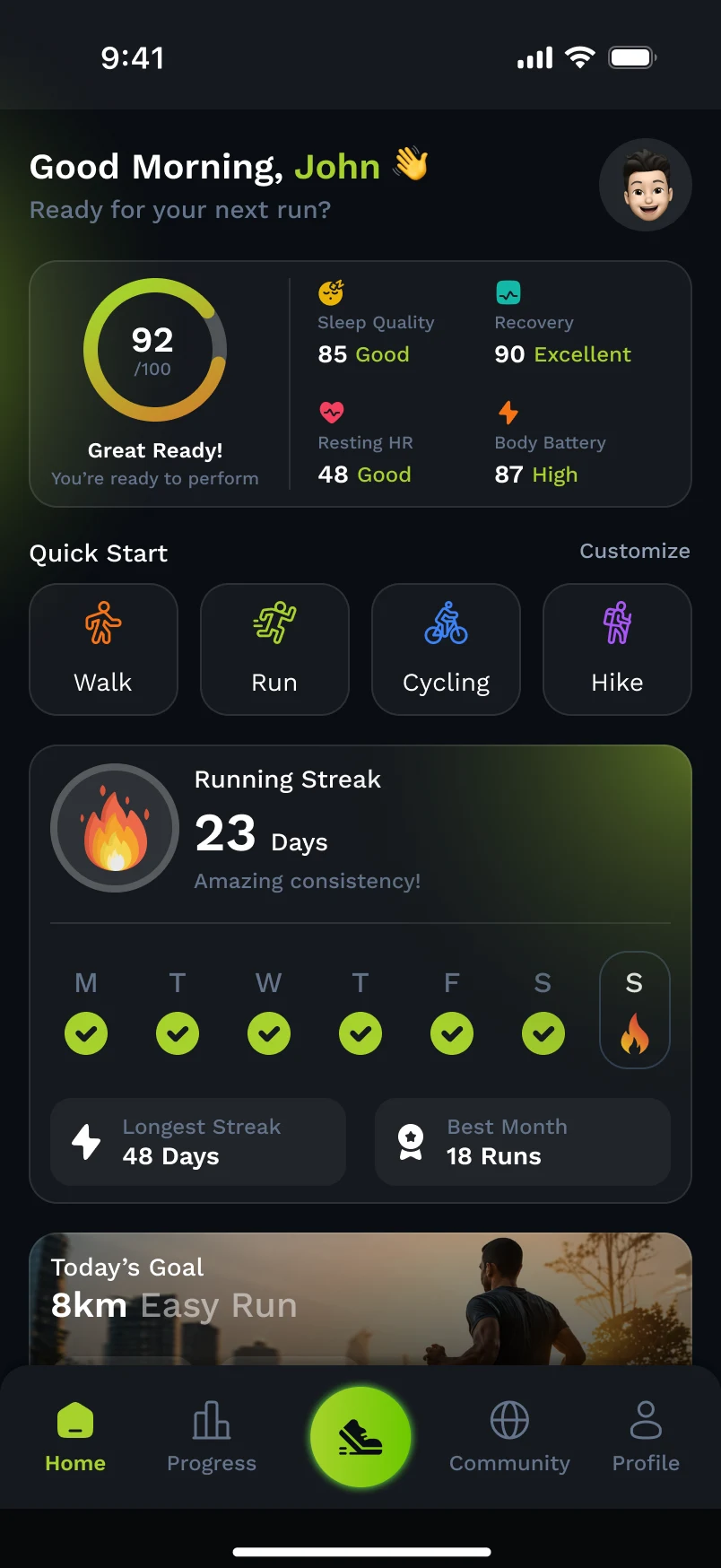 The Trakr home screen: a readiness score of 92, a 23-day running streak, and quick-start buttons for walk, run, cycle and hike