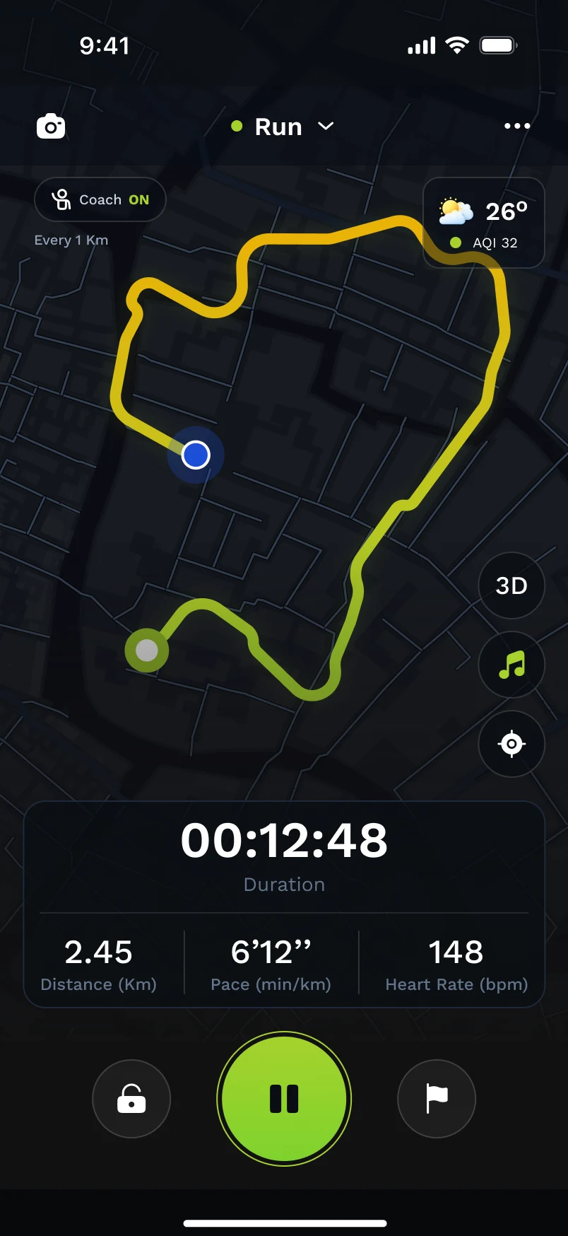 A run in progress: the route drawn on the map, twelve minutes elapsed, 2.45 km at 6:12 per kilometre